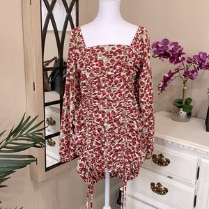 Red Floral Self tie dress